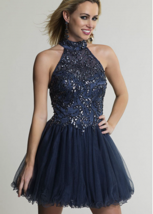 Navy Blue Tulle Beaded High Neck Backless Knee Length Prom Dress Navy Blue Tulle Beaded High Neck Backless Knee Length Prom Dress